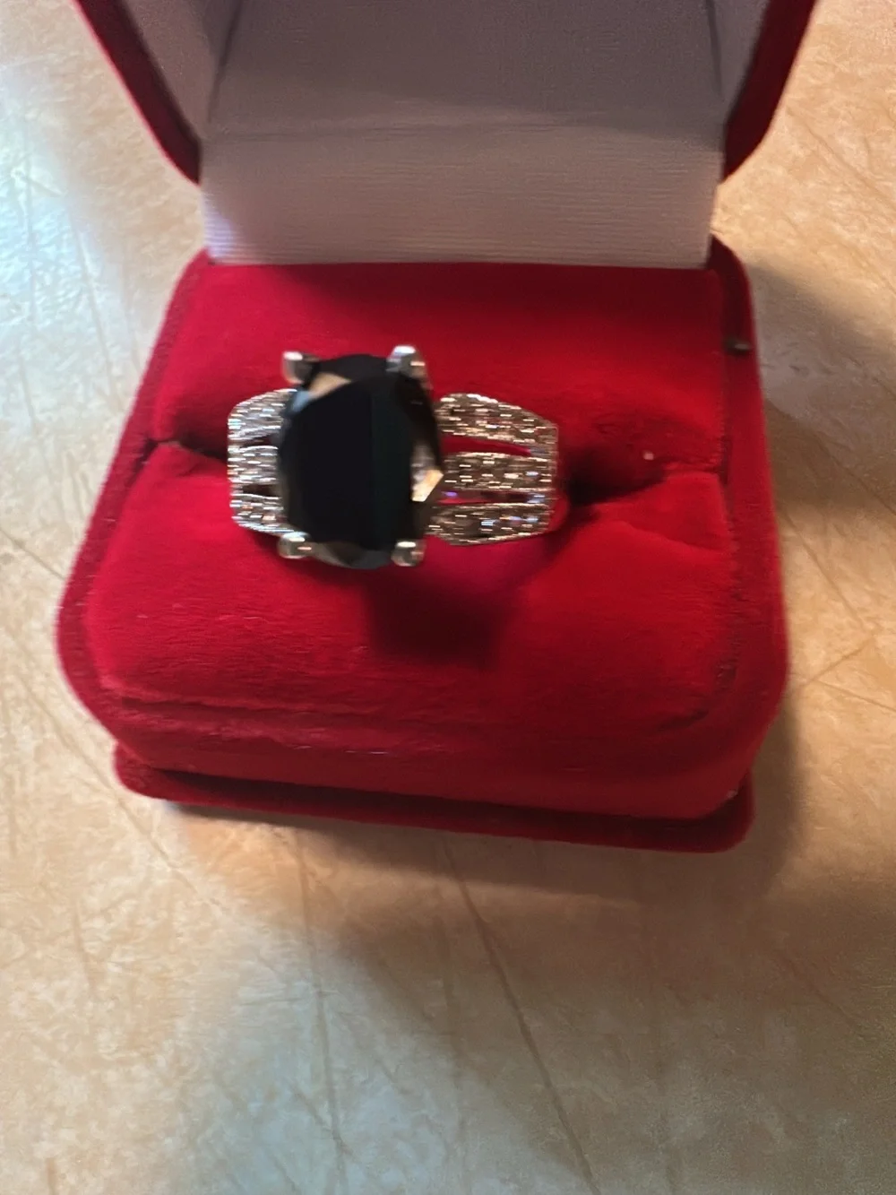 Silvertone  Ring with Black Oval Stone and Pavé Accents